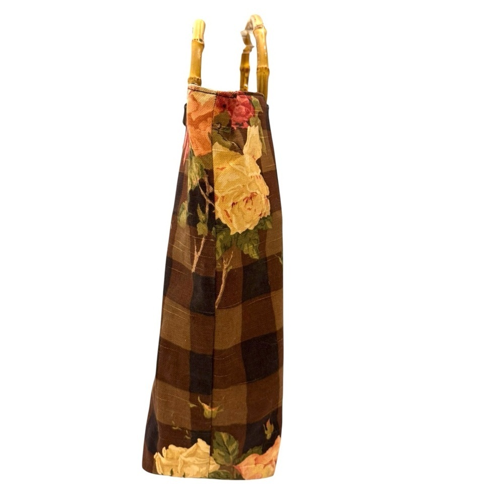 Cynthia Hart Los Angeles Floral Plaid Tote Bag Purse Bamboo Handles Gold Brown - Picture 4 of 14